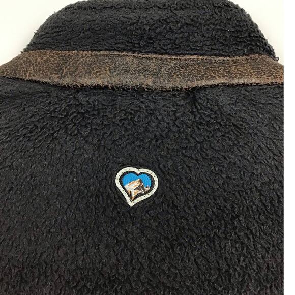 KUHL Moto-Vation Black Fleece Brown Leather Trim Full Zip Jacket Pockets sz M - Picture 10 of 14